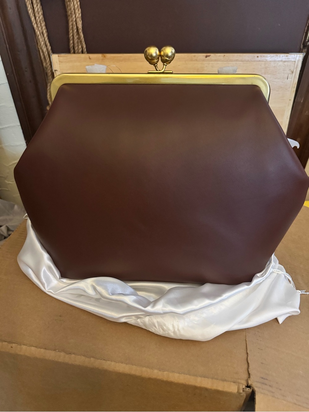 Coach Brown Leather Frame Clutch with Gold-Tone Kiss Lock